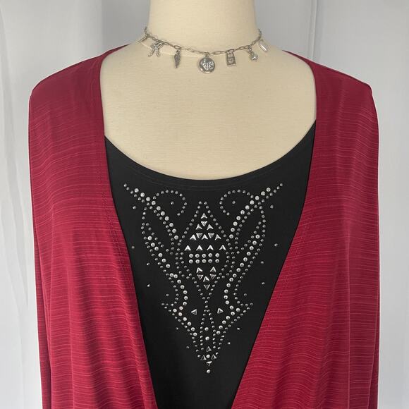 Y2K Top Plus Size 3X Red Black Layered Drapey Silver Rhinestone Bling Goth Indie - Picture 2 of 10